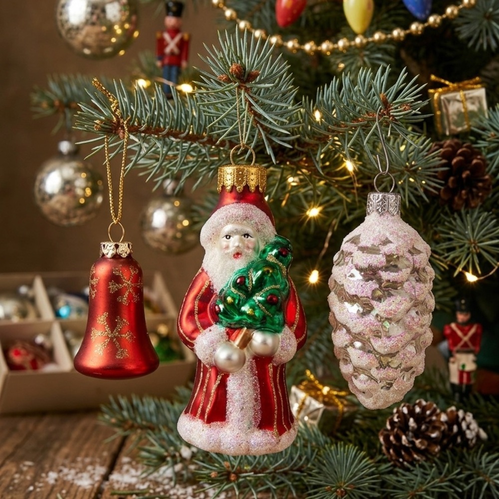 Lot of 3 Glass Christmas Ornaments, Santa W/ Tree, Pine Cone Bell (Flocked)